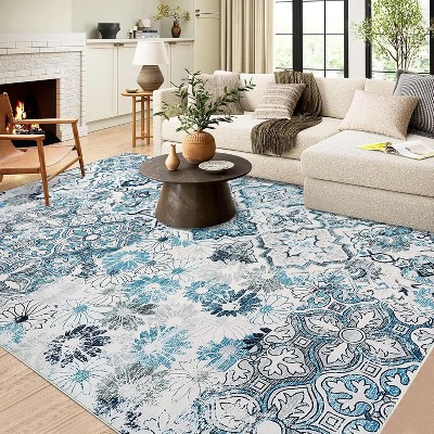 Washable Floral Medallion Print Area Rug, Non-Slip, Low Pile, Boho Vintage Accent Rug for Living Room, Bedroom, Office, Dining Room.