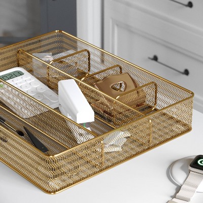 Gold Mesh Metal 6 Compartment Desk Drawer Organizer