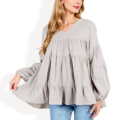 Anna-Kaci Women's V-Neck Tiered Babydoll Top with Long Puff Sleeves