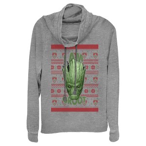 Juniors Womens Marvel Ugly Christmas Guardians of the Galaxy Groot Portrait Cowl Neck Sweatshirt - 1 of 3