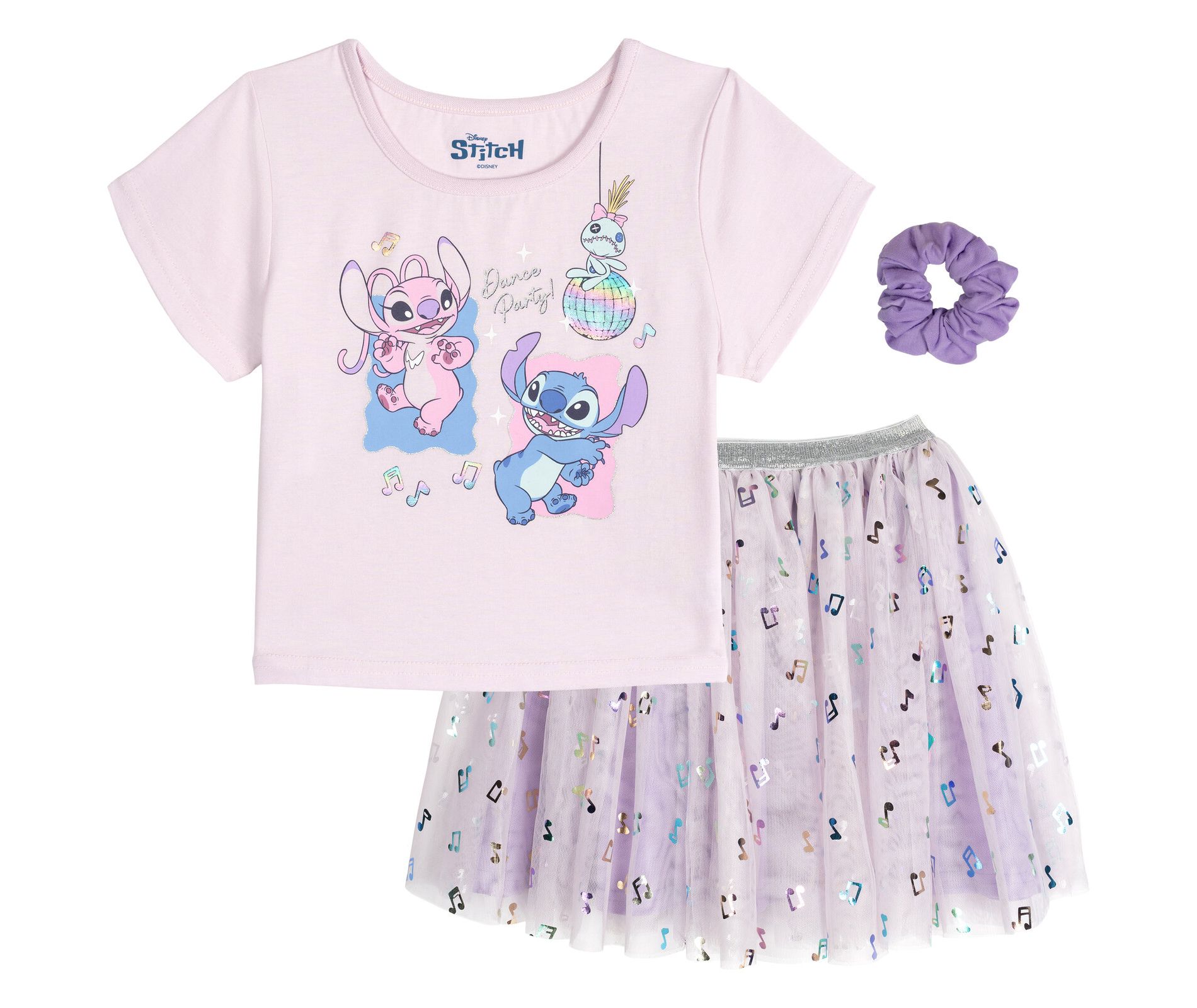 Disney Lilo & Stitch Big Girls T-Shirt, Tutu Tulle Skirt and Scrunchie 3 Piece Outfit Set Pink / Lavender Stitch Angel 14-16