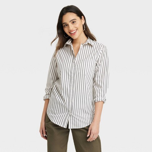 Navy White Wide Stripe Linen-Blend Slim Fit Button-Down Casual Shirt