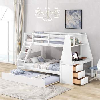 Twin over Full Bunk Bed with Trundle, Built-in Desk, Three Storage Drawers and Shelf-ModernLuxe