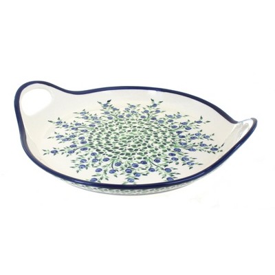 Blue Rose Polish Pottery Porcelain Vine Round Serving Tray with Handles