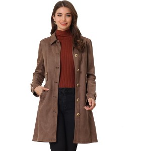 Allegra K Women's Vintage Faux Suede Mid-Thigh Belted Single Breasted Trench Coat - 1 of 4