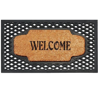 A1HC Natural Coir and Rubber Welcome Floral Design Door Mat, 23" x 38", Heavy Duty Doormats, Black