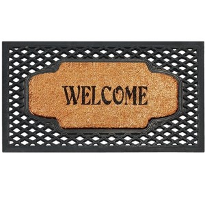 A1HC Natural Coir and Rubber Welcome Floral Design Door Mat, 23" x 38", Heavy Duty Doormats, Black - 1 of 4