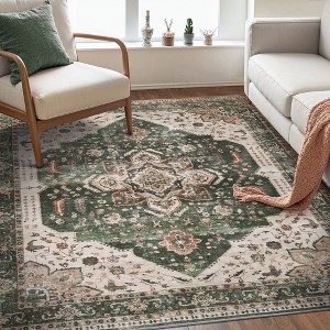 MontVoo Vintage Floral Washable Area Rug Green - 1 of 4