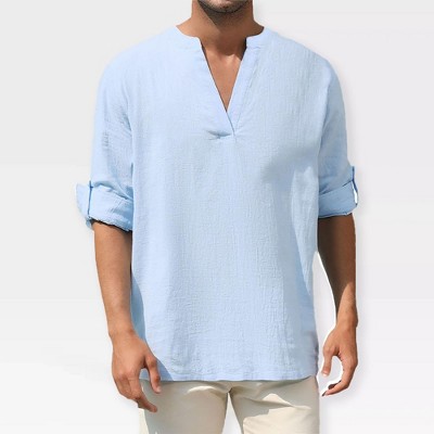 Mens Henley Shirts Long Sleeve Shirts Casual Shirts with Rolled Up Sleeve Beach T Shirts,Light Blue - 2X