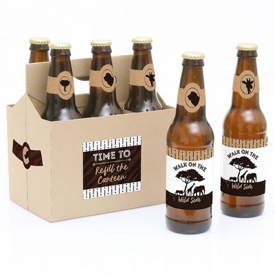 Big Dot of Happiness Wild Safari - African Jungle Adventure Baby Shower or Birthday Party Decorations - 6 Beer Bottle Label Stickers & 1 Carrier