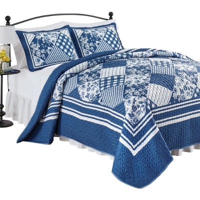 Collections Etc Lucy Oversized Diamond Patchwork Blue and White Quilt