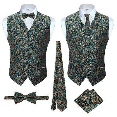 Gioberti Men's Formal 4pc Metallic Paisley Vest Necktie Bowtie and Pocket Square