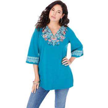 Roaman's Women's Plus Size Embroidered V-Neck Top