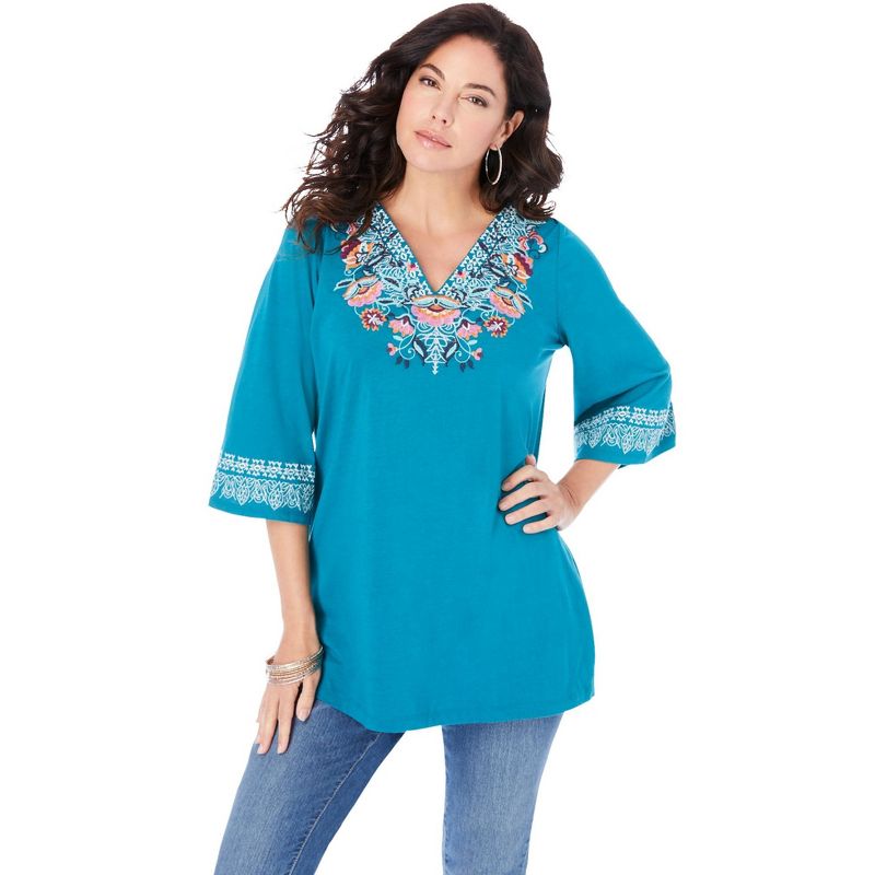 Roaman's Women's Plus Size Embroidered V-Neck Top, 1 of 2