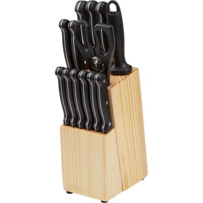 Attop 14-Piece Knife Block Set - High Carbon Stainless Steel Kitchen Knives with Sharpener & Pinewood Block (Black)