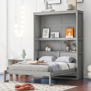 NicBex Full Size Murphy Bed 85" Wooden Bed Frame Morden Hideaway Wall Bed with Storage Shelf for Apartment - 1 of 4