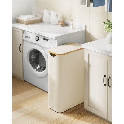 Cream White Collapsible Laundry Hamper with Bamboo Lid
