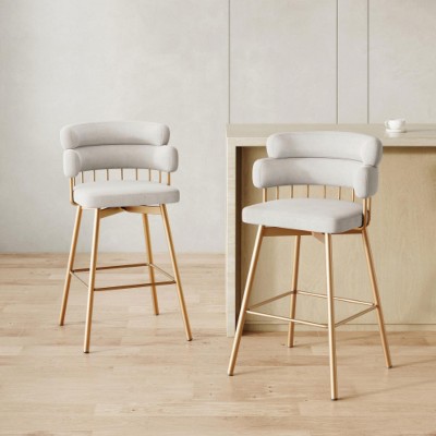 White 26" Counter Height Bar Stools, Set of 2, 180° Swivel Upholstered Bar Stools