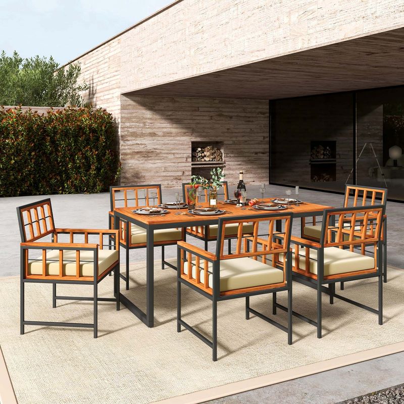 Costway 7 PCS Patio Dining Set Outdoor Acacia Wood Table with Soft Cushions Umbrella Hole, 5 of 11
