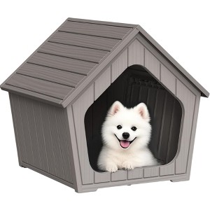 NAYSAYE Dog House Cat House Indoor Outdoor Weather-Resistant Resin Pet Shelter for Patio, Porch, Living Room Feral Cat Dog, Brown, 23.43"*22.64"*22.8" - 1 of 4