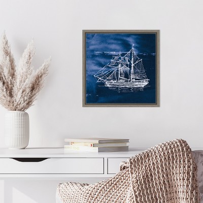 Indigo and White Sailing Ship Canvas Wall Art with Gray Frame
