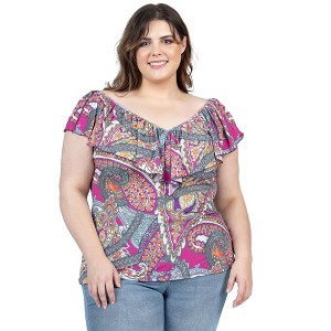 24seven Comfort Apparel Womens Cap Sleeve Pink Paisley Print Ruffle V Neck Plus Size Top - 1 of 4