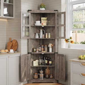 67" Tall Corner Storage Cabinet with Lights, Farmhouse Corner Hutch Display Cabinet with Glass Doors, Wooden Storage Organizer for Kitchen - 1 of 4