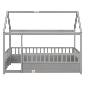 Cesicia Floor Wooden Bed with House Roof Frame, Fence Guardrails - 1 of 4