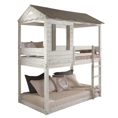Infurnic Beds, Bunk Bed Twin Over Twin with Roof, Windows, Ladder and Safety Guardrail, Country Style Bunk Bed for Kids, White, 77.5"*43.5"*90.5"