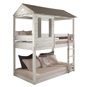 Infurnic Beds, Bunk Bed Twin Over Twin with Roof, Windows, Ladder and Safety Guardrail, Country Style Bunk Bed for Kids, White, 77.5"*43.5"*90.5" - 1 of 4