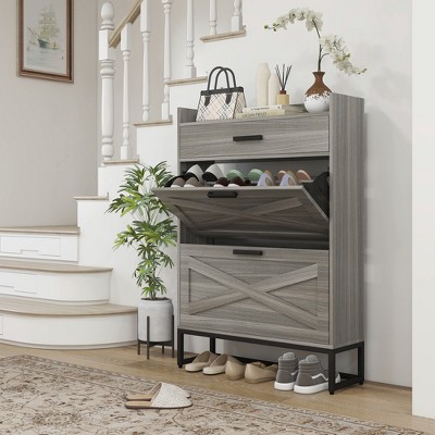 Distressed Gray Wood and Metal Slim Shoe Cabinet with Adjustable Shelves