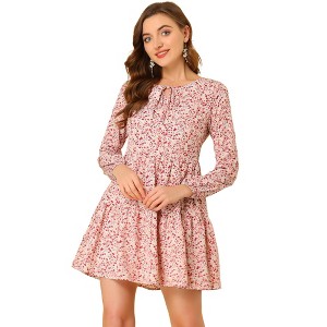 Allegra K Women's Floral Dress Tie Neck Long Sleeve Empire Wasit Tiered Dress - 1 of 4