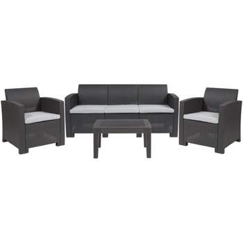 Merrick Lane 4 Piece Faux Rattan Patio Furniture Set with 2 Chairs and Sofa with Removable Beige Cushions and Table