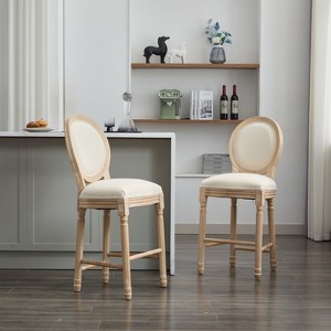 HDZNVF Set of 2 Solid Wood Beige Bar Stools, Classic French Country Wooden Barstools with Upholstered Seating - 1 of 4