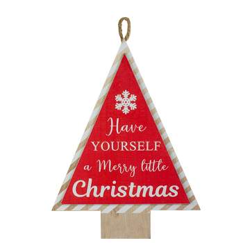 Northlight 16” Red and White Merry Little Christmas Tree Wooden Hanging Wall Sign