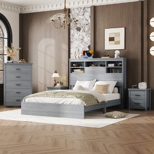VYNXARIA Light Gray Vintage Queen Size 4-Piece Bedroom Set with Wooden Bed Frame, Nightstands, and Dresser - 1 of 4