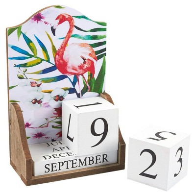 Wooden Desk Calendar - Wooden Block Perpetual Calendar for Home and Office Desk Decor, Flamingo Design, 5.5 x 8.75 x 3 inches