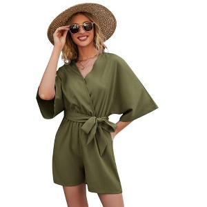 Rompers for Women 2023 Summer Casual V Neck Short Jumpsuits Belted Wrap Flared Half Sleeve Waist Tie Romper - 1 of 4