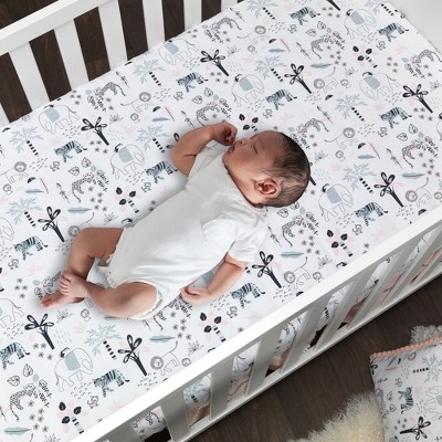 White Cotton Jungle Print Toddler Crib Sheet Set