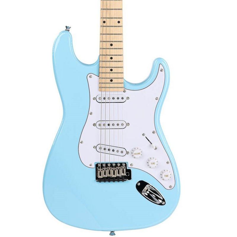 Monoprice Cali DLX Plus Solid Ash Electric Guitar, Wilkinson Bridge and SSS Pickups, with Gig Bag, Right Orientation, Light Blue with Maple Fretboard, 2 of 7
