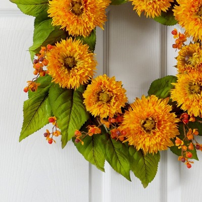 Golden Yellow Artificial Sunflower 22'' Outdoor Wreath