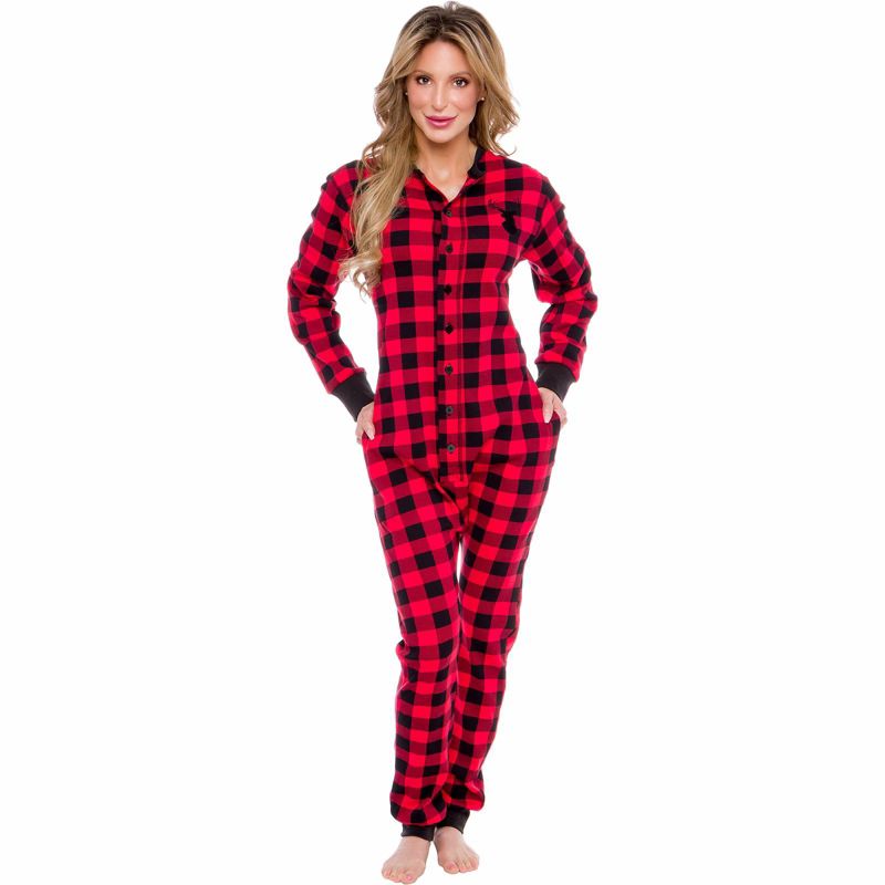 Silver Lilly Slim Fit Women's "Oh Deer" Buffalo Plaid One Piece Pajama Union Suit with Functional Panel, 1 of 8
