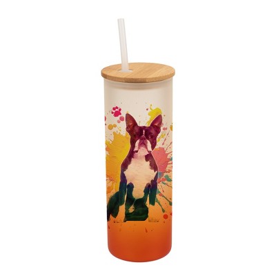 100 North 25 Ounce Frosted Glass Gradient Travel Tumbler With Straw & Wooden Lid, Boston Terrier Dog Paint Splatter Orange