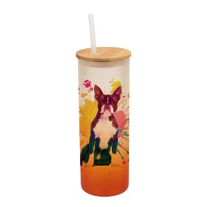 100 North 25 Ounce Frosted Glass Gradient Travel Tumbler With Straw & Wooden Lid, Boston Terrier Dog Paint Splatter Orange - 1 of 4