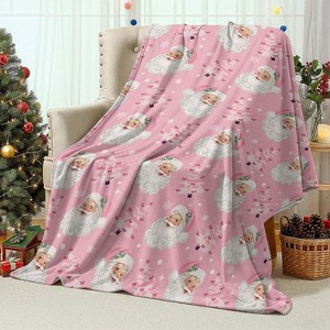 Lomsoe Santa Claus Christmas Throw Blanket, Pink Santa Claus Xmas Tree Snowflake Design Blanket, Cozy Soft Warm Flannel Blankets. - 1 of 4