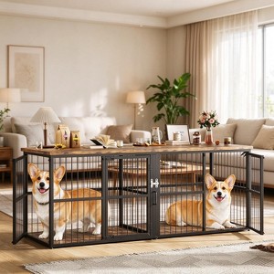 Dog Crate Console Furniture for Two Pets, 86.6 in XXL Wooden Large ...