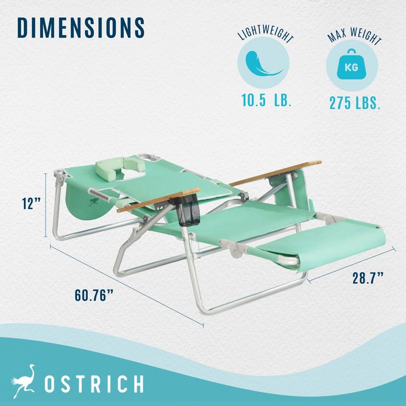 Ostrich Deluxe 3N1 Lightweight Lawn Beach Reclining Lounge Chair with Footrest, Outdoor Furniture for Patio, Balcony, Backyard, or Porch, Teal, 3 of 8