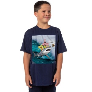 Seven Times Six SpongeBob Shirt Boys Patrick Fishing On Shark Short Sleeve Graphic Tee Blue - 1 of 4