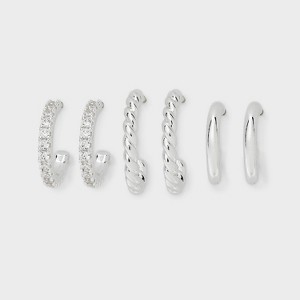 Silver Plated Cubic Zirconia and Twist Hoop Earring Set 3pc - A New Day™ - 1 of 3