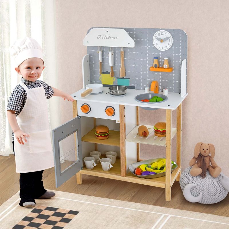 Costway Wooden Kid's Play Kitchen Set Pretend Chef Cooking Toy with Cookware Accessories, 3 of 11